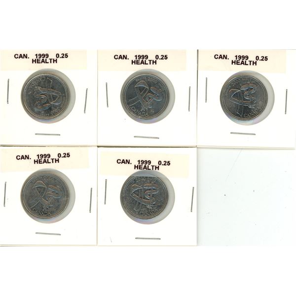(5) 1999 Canadian Health 25 Cents Coin.