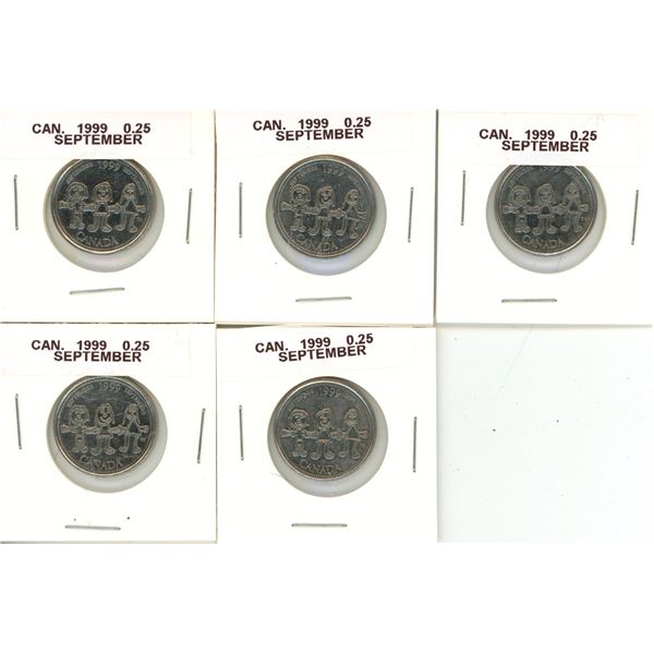 (5) 1999 Canadian September 25 Cents Coin.