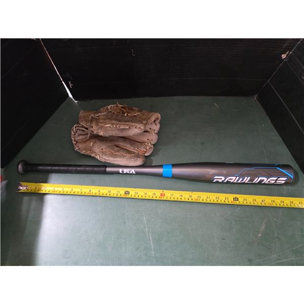 Baseball bat with glove and ball