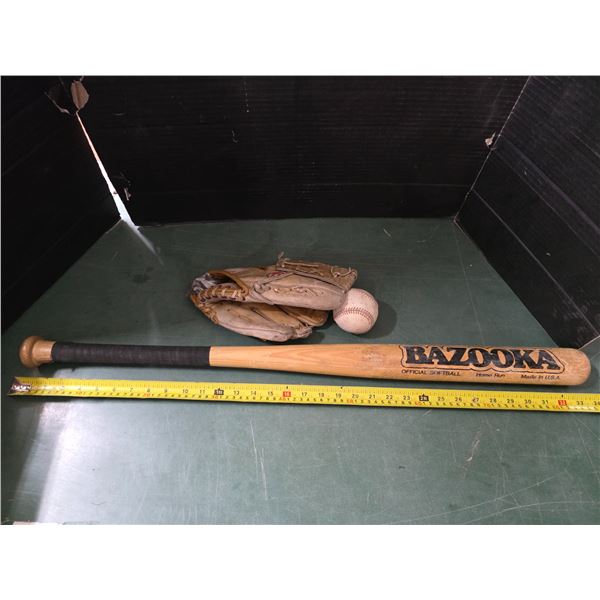 Baseball bat with glove and ball