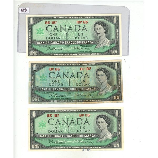 Lot of 3 x1967 canadian $1 bills