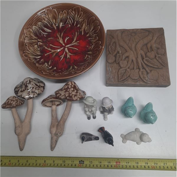 Bowl, (2) Garden Mashrooms, Salt and Pepper Shaker Small Minatures and Handmade Design on Wood, etc.