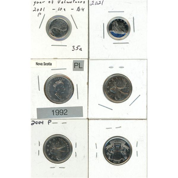 2001, 2021 Canadian Proof Like 10 Cents - 1992, 2003, 2004, 2017 Canadian Proof Like 25 Cents Coin.
