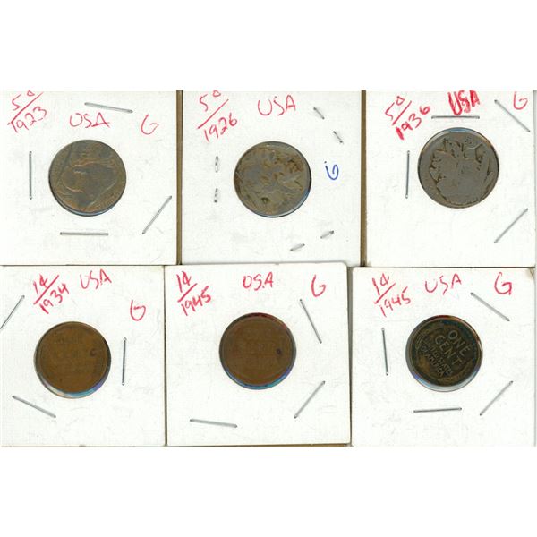 1923, 1926, 1936 U.S.A  Five Cents , 1934, (2) 1945 U.S.A One Cents Coin.