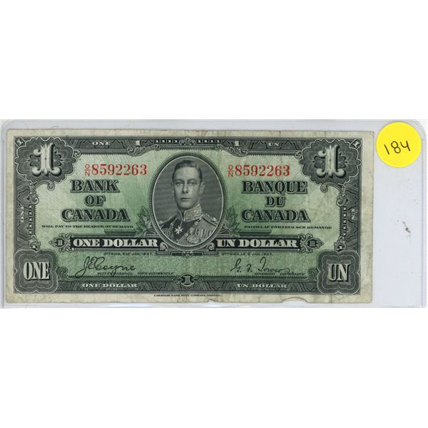 1937 $1. Coyne-Towers signatures. O/N Prefix. BC-21d. Fine.