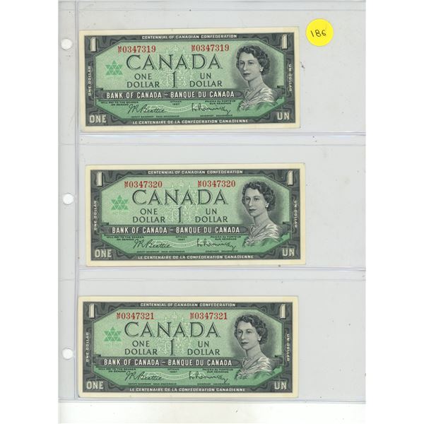 Set of 3 Consecutive Serial Number 1967 $1 notes. M/P Prefix. Serial Numbers 034319, 034320 & 034732