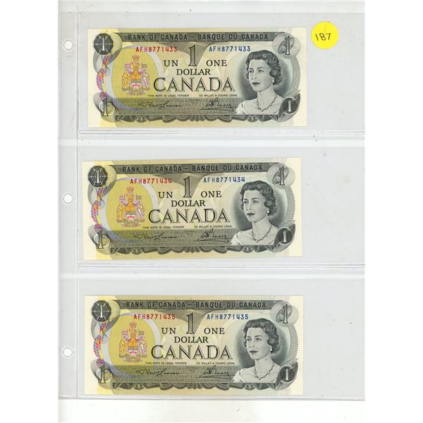 Set of 3 Consecutive Serial Number 1973 $1 notes. Lawson-Bouey signatures. AFH Prefix. Serial Number