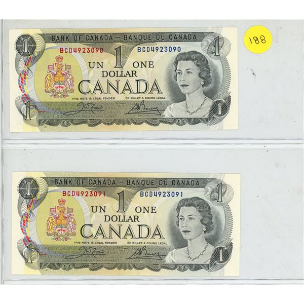 Set of 2 Consecutive Serial Number 1973 $1 notes. Crow-Bouey signatures. BCD Prefix. Serial Numbers 