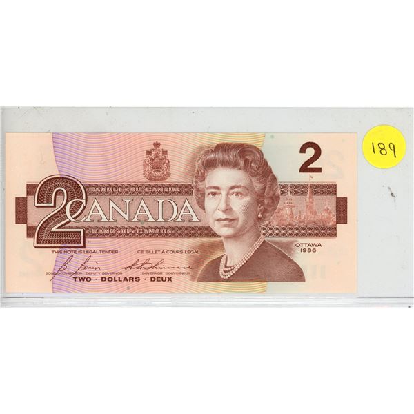 1986 $2 note. Bonin-Thiessen signatures. EGT Prefix. Serial Number 0985832. Uncirculated.