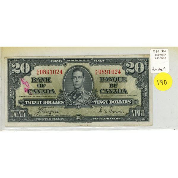 1937 $20. Coyne-Towers signatures. K/E Prefix. BC-25c. VF with writing.