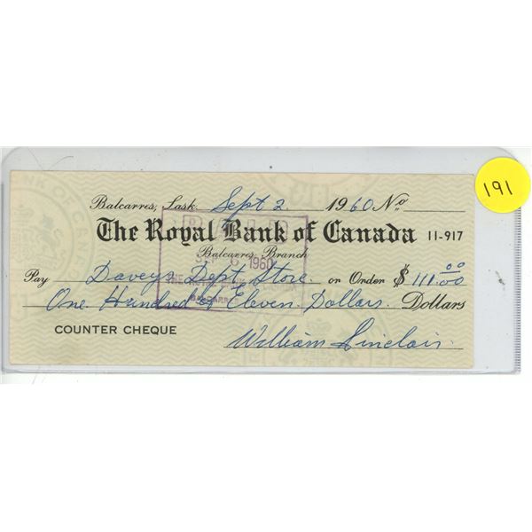 Royal Bank of Canada cancelled cheque from Balcarres, Sask. dated 1960 for $111.00.
