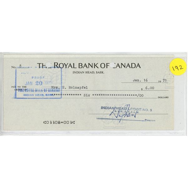 Royal Bank of Canada cancelled cheque from Indian Head, Sask. dated 1971 for $6.00 from the Indian H