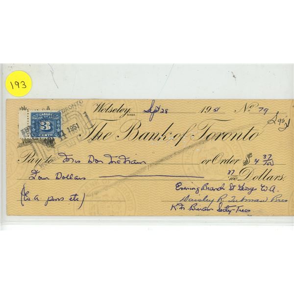 Bank of Toronto cancelled cheque from Wolseley, Sask. dated 1979 for $4.37 from the Women’s