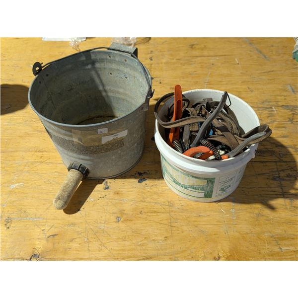 Vintage Calf feeding bucket w/Misc. Vintage Leather Straps