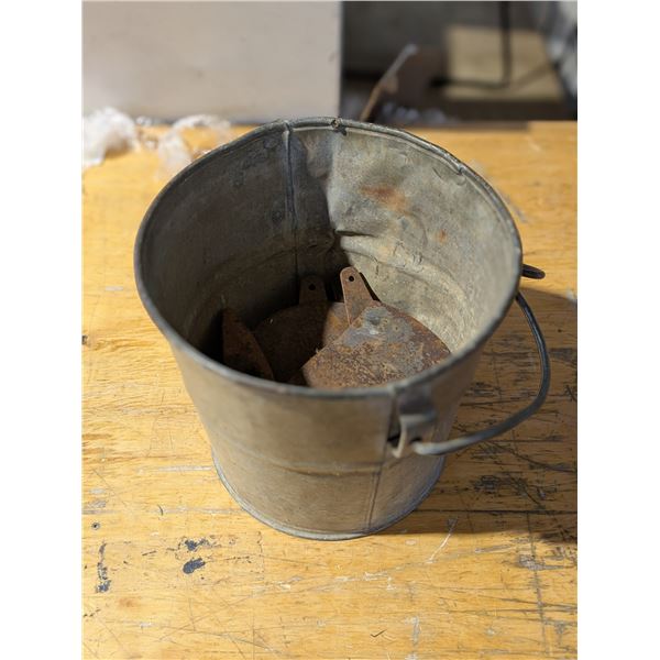 Bucket w/ Antique Axe heads and Hinges