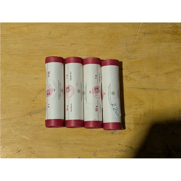4 Rolls of 2007 1 Cent Canadian BU. Magnetic