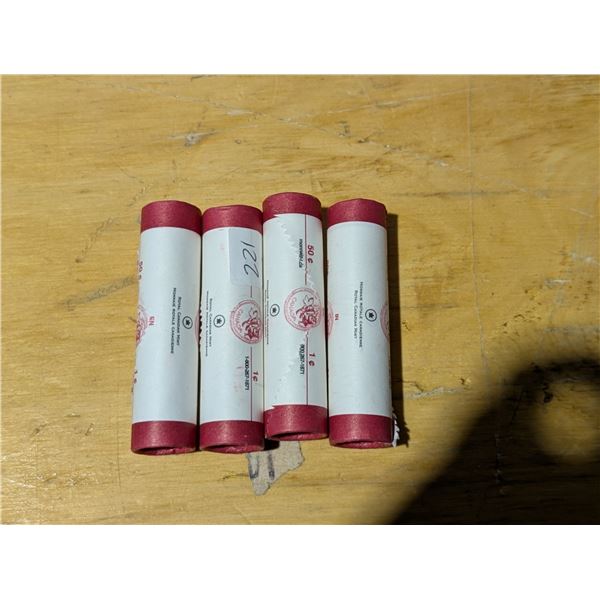 4 Rolls of 2005 1 Cent Canadian BU. Non Magnetic