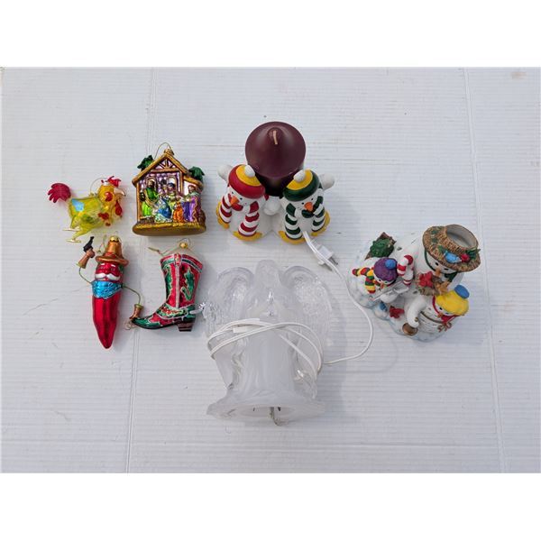 Lot of Christmas Decor (2) Candle Holders, Angel Light (Not Tested) and (4) Glass Decorations