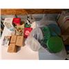 Image 1 : Box full of Various Christmas Decorations and Christmas Tupperware