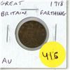 Image 1 : Great Britain. 1918 Farthing. Issued the last year of World War I. AU.