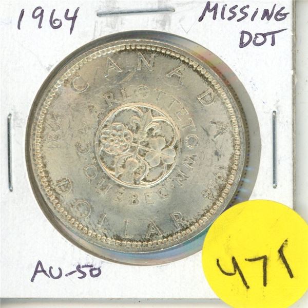 1964 Missing Dot Canadian Silver Dollar. Missing the Dot between T and S. AU-50.