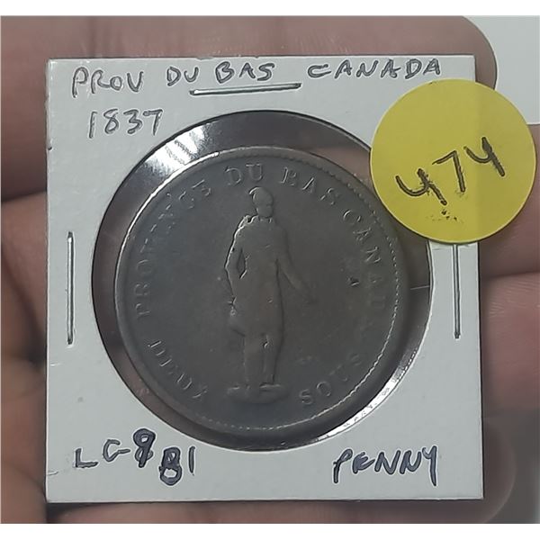 1837 Lower Canada One Penny Bank Token. Quebec Bank on ribbon. LC-9B1 with Period after Canada. Good