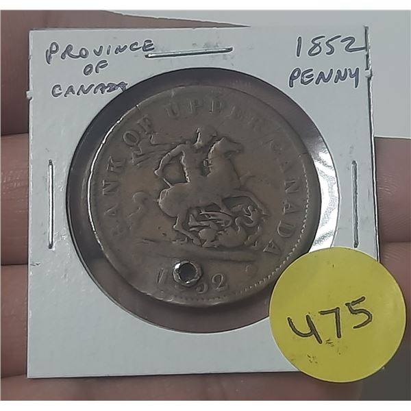1852 Province of Canada Bank of Upper Canada One Penny Token. St. George slaying dragon. Good. Holed