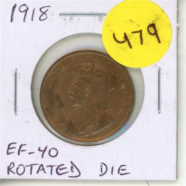 1918 Canadian Large Cent. Issued during the last year of World War I. EF-40 with Rotated Die. Cleane