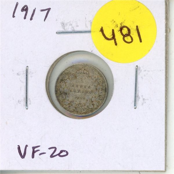 1917 Canadian Silver 5 Cents. Issued during World War I. VF-20.