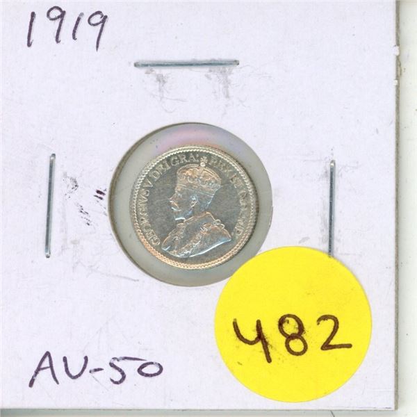 1919 Canadian Silver 5 Cents. AU-50. Bright White. Nice.