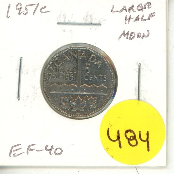 1751 – 1951c Nickel 5 Cents with Large Half Moon, the result of Die Clash. EF-40.
