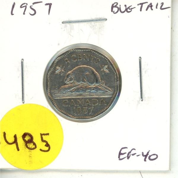 1957 Bug Tail Nickel 5 Cents. There is a tiny Die Chip on the end of the beaver’s tail that