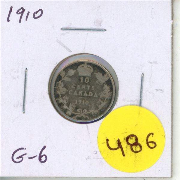 1910 Canadian Silver 10 Cents. Last issue of King Edward VII. G-6.