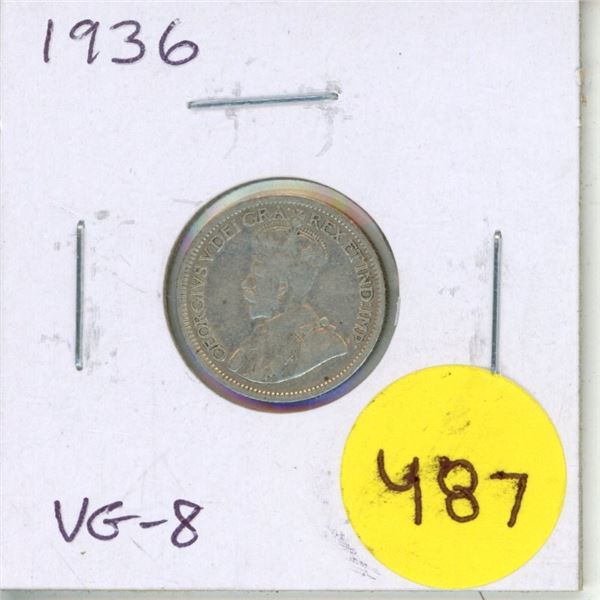 1936 Canadian Silver 10 Cents. Last issue of King George V. VG-8.