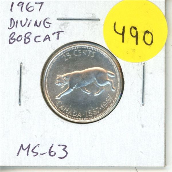 1967 Diving Bobcat Silver 25 Cents. There is a Die Rotation, so it looks like the Bobcat is Diving. 