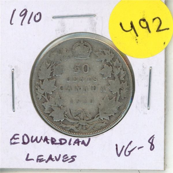 1910 Edwardian Leaves Silver 50 Cents. VG-8.
