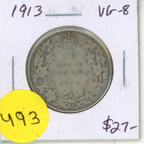 1913 Silver 50 Cents. The last 50 Cents issued before World War I. VG-8.