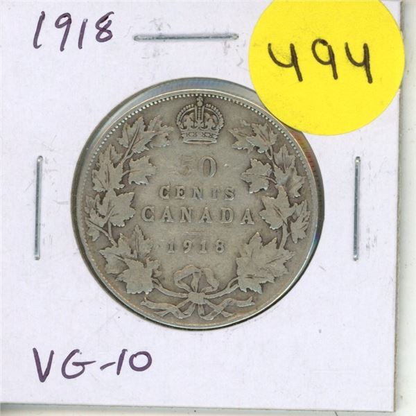 1918 Silver 50 Cents. Issued during the last year of World War I. VG-10.