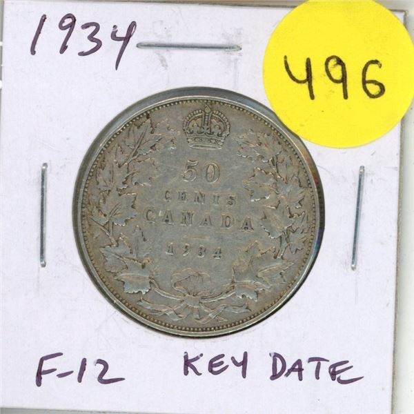 1934 Silver 50 Cents. Key Date. Mintage of 39,539. F-12.