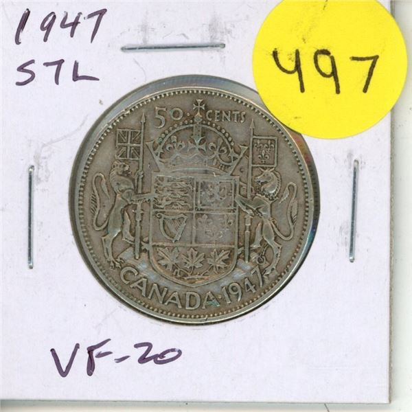 1947 Straight 7 Left Silver 50 Cents. VF-20.