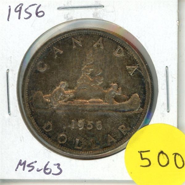 1956 Canadian Silver Dollar. Key Date. MS-63. Toned.