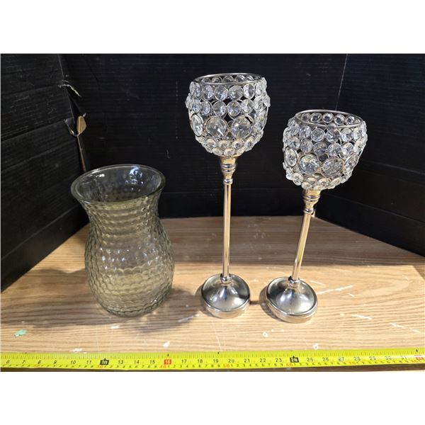 2 candle holder and glass vase- candle hoder are- 16"H and 14"H, vase is 12"H