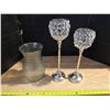 Image 1 : 2 candle holder and glass vase- candle hoder are- 16"H and 14"H, vase is 12"H