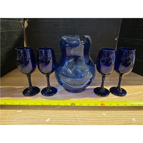 Blue glass pitcher and glasses