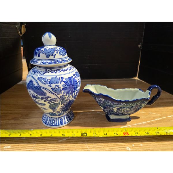 Blue ceramic vase and gravy boat