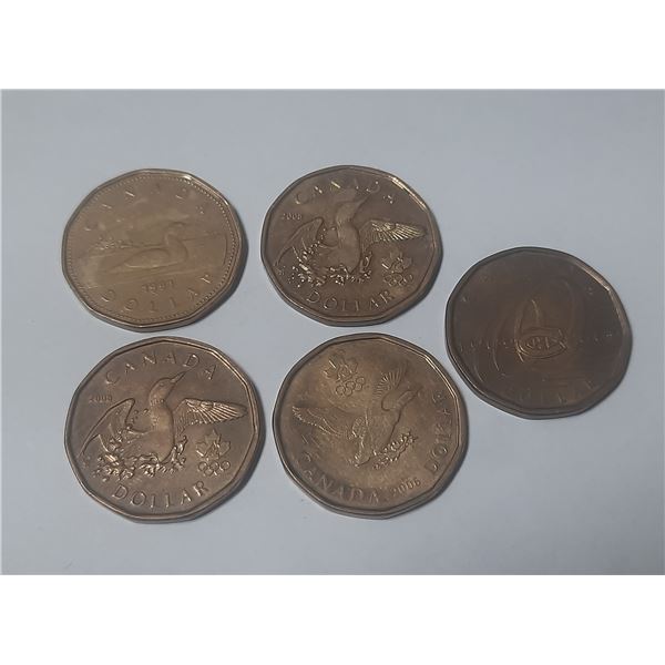 1991, 2006 Lucky Loonie, (2) 2008 Lucky Loonie, 2009 Canadian One Dollar.