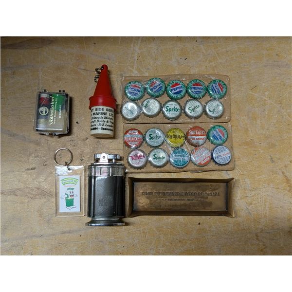 Lot of Misc. Vintage Items (Old pop Lids, Lighter, Humptys keychain, and etc.)