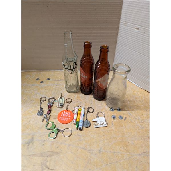 Lot of Vintage Milk Glass Bottle (3) Crush Soda Bottles and Vintage Keychains and etc.