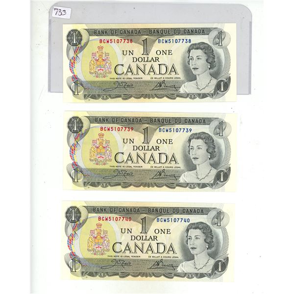 Lot of 3 (1973) canadian consecutive $1 bills-uncirculated