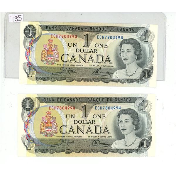 Lot of 2 x1973 canadian consecutive $1 bills-uncirculated